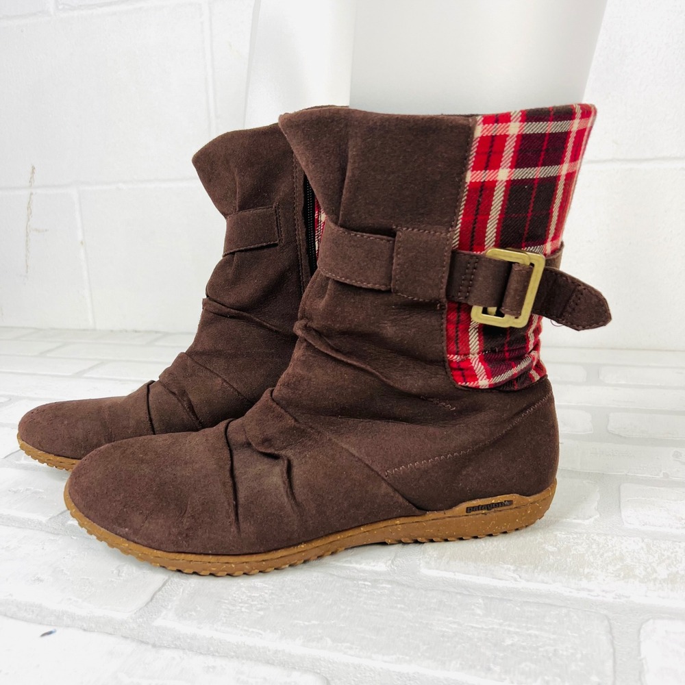 Patagonia Espresso Plaid Brown Suede Slouchy Mid Calf Boots‎ Womens 9.5